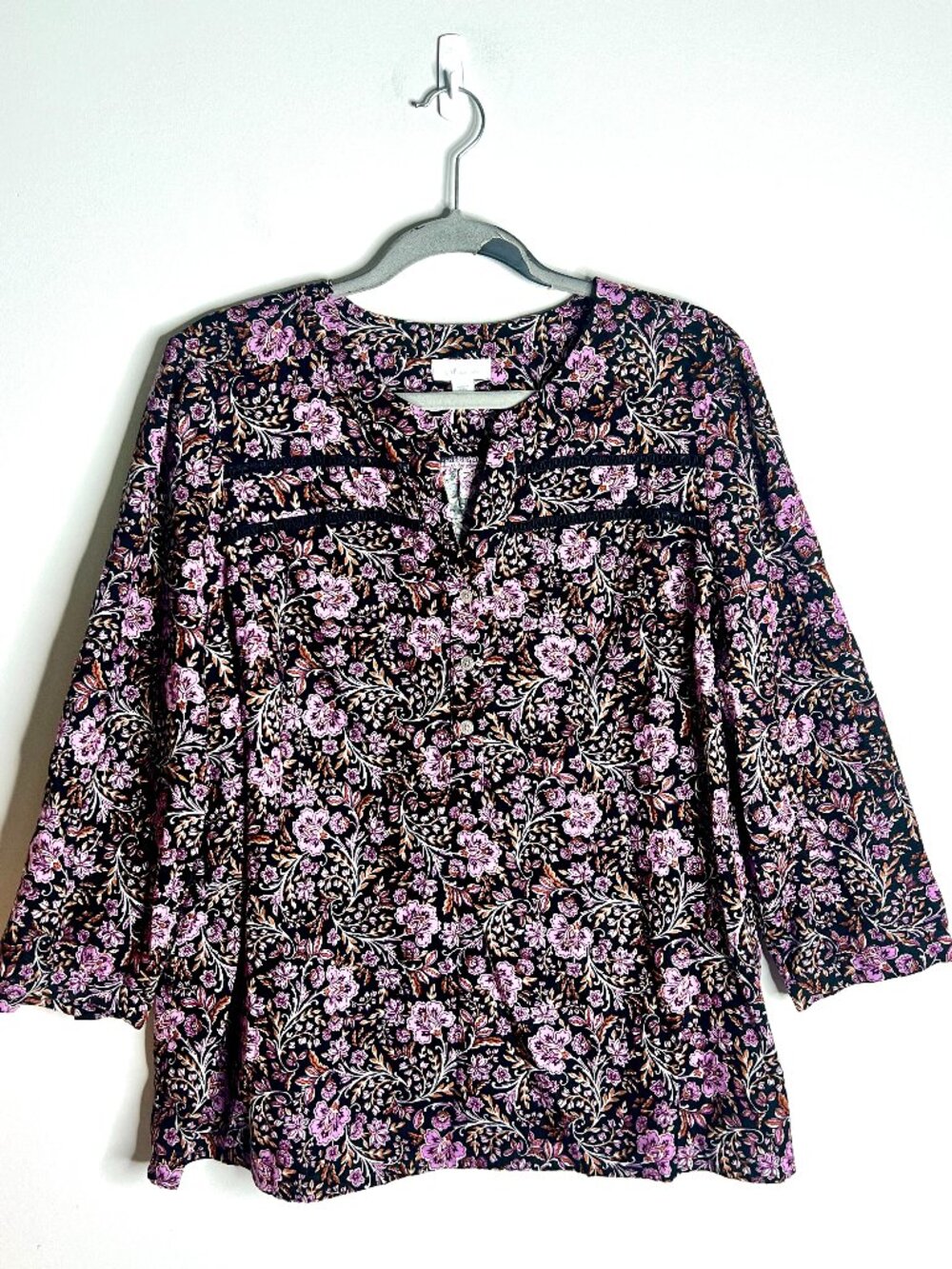 J. Jill Corduroy Dark Fall Florals Popover Top 3/4 Sleeve Preppy Casual Sz L